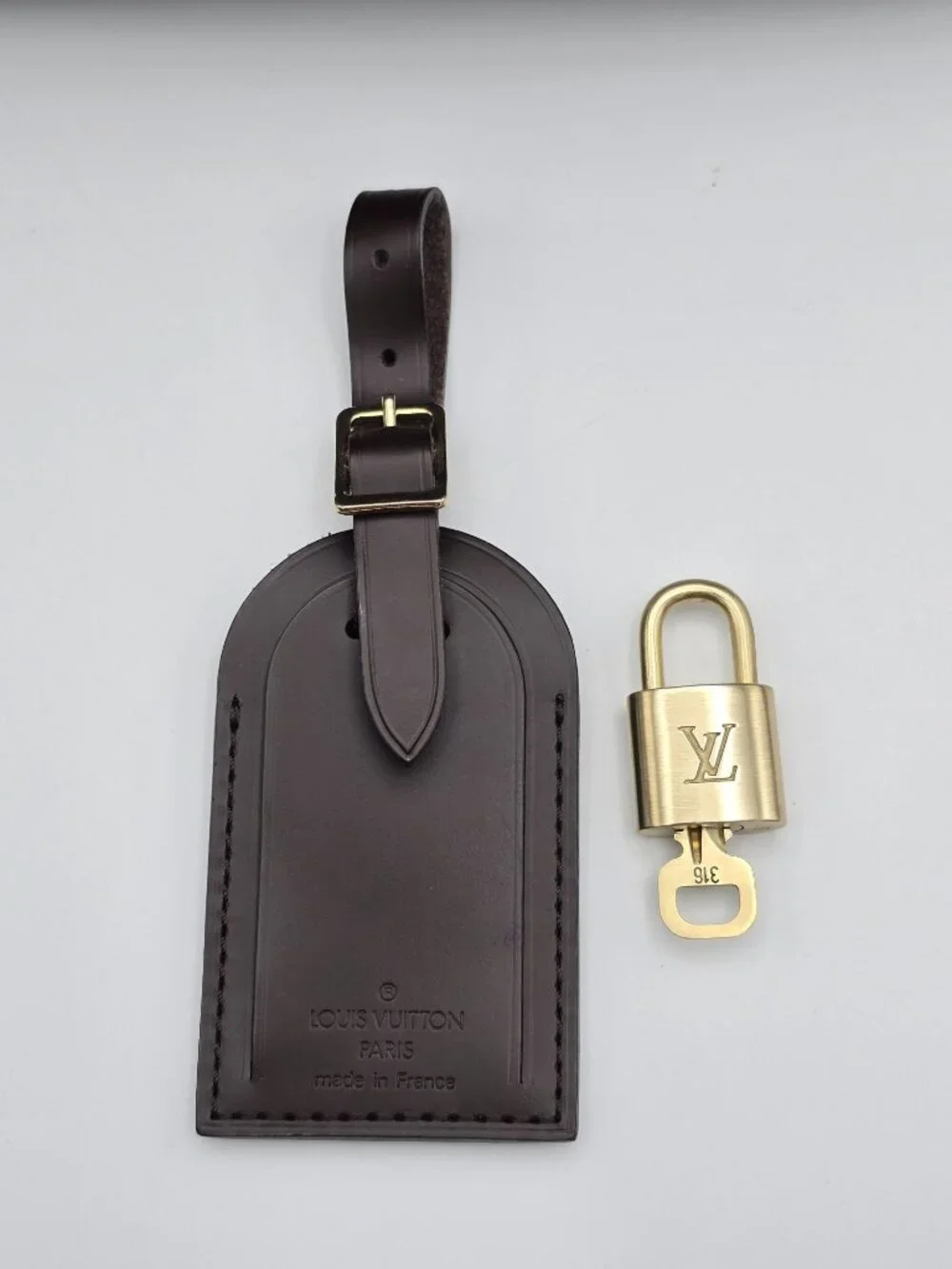 Authentic Louis Vuitton Brown Luggage Tag & Gold Padlock with Key-Made in France